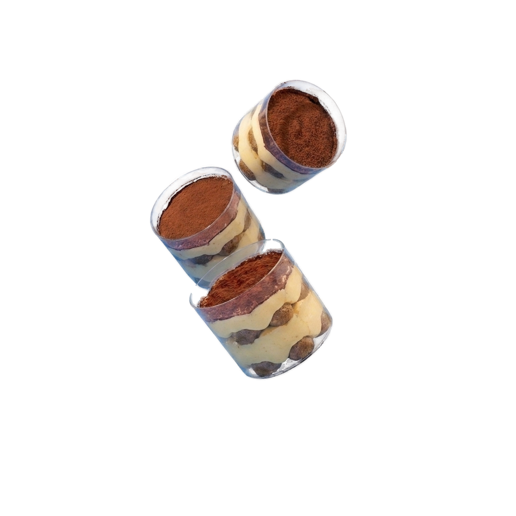 Three falling Vilvets tiramisu cups